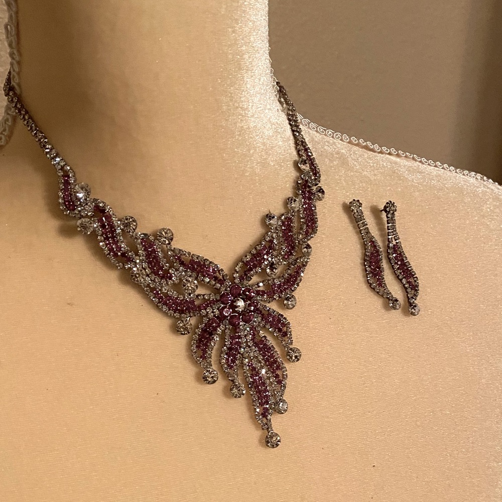 Pink and White Rhinestone Necklace and Earrings
